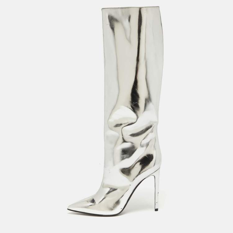 Pre Owned Balenciaga Silver Leather Knee Length Boots Size 38.5