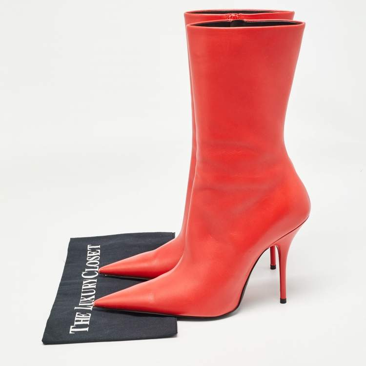 Pre Owned Balenciaga Red Leather Knife Midcalf Boots Size 39