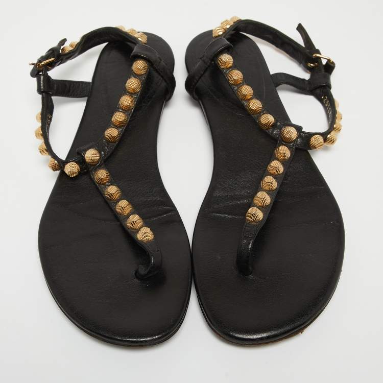 مملوكة مسبقًا Balenciaga Black Leather  Arena Ankle Strap Flats Size 36.5