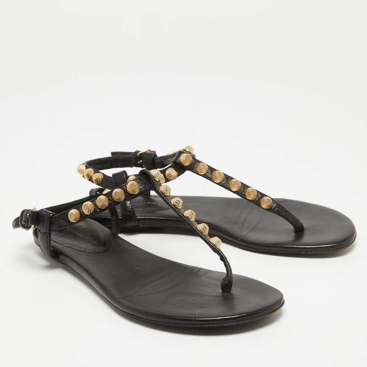 مملوكة مسبقًا Balenciaga Black Leather  Arena Ankle Strap Flats Size 36.5