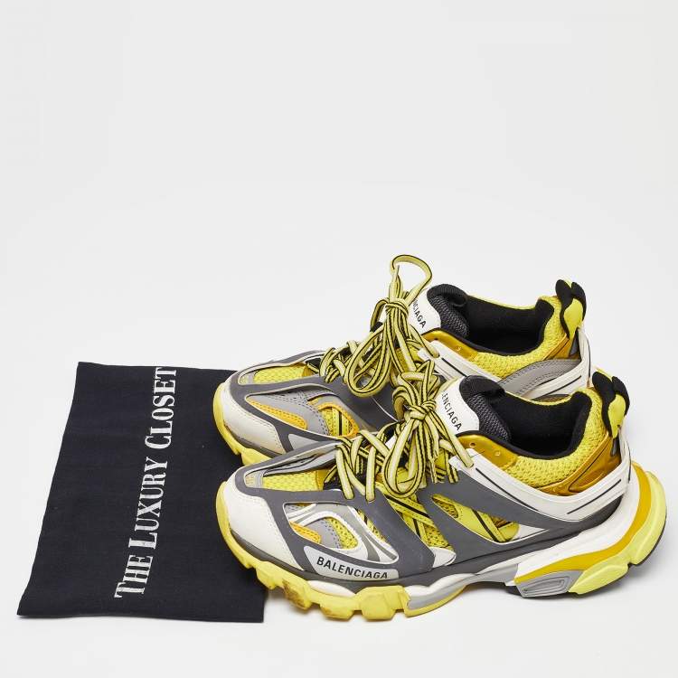 Pre Owned Balenciaga  Yellow/Grey Faux Leather and Mesh Track Low Top Sneakers Size 38