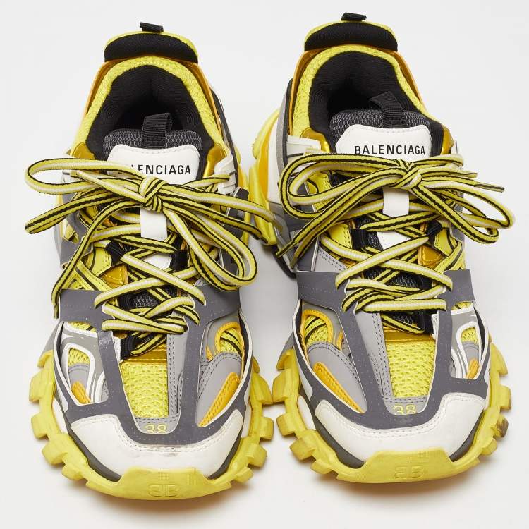 Pre Owned Balenciaga  Yellow/Grey Faux Leather and Mesh Track Low Top Sneakers Size 38