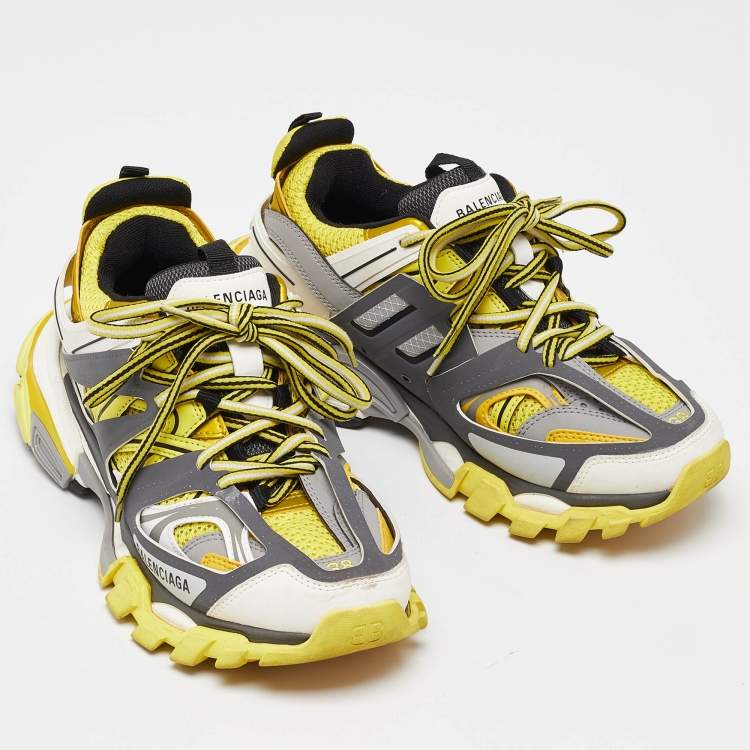 Pre Owned Balenciaga  Yellow/Grey Faux Leather and Mesh Track Low Top Sneakers Size 38