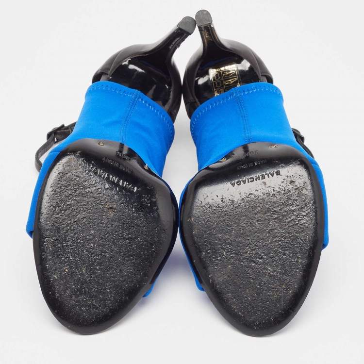 Pre Owned Balenciaga Blue/Black Neoprene and Leather Glove Sandals Size 38.5