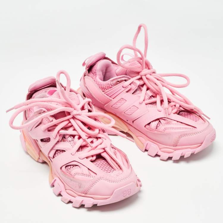 Pre Owned Balenciaga Pink Faux Leather and  Mesh Track Sneakers Size 35