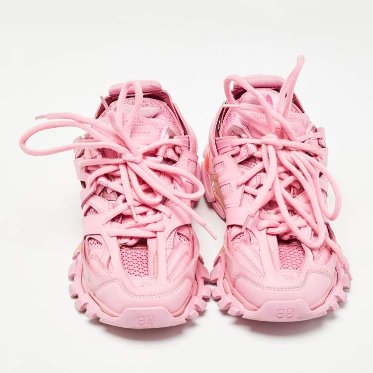 Pre Owned Balenciaga Pink Faux Leather and  Mesh Track Sneakers Size 35