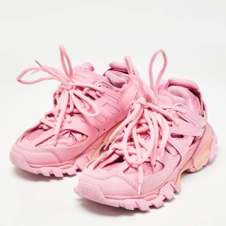 Pre Owned Balenciaga Pink Faux Leather and  Mesh Track Sneakers Size 35