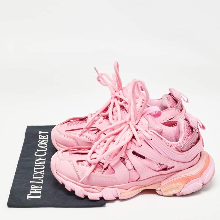 Pre Owned Balenciaga Pink Faux Leather and  Mesh Track Sneakers Size 35