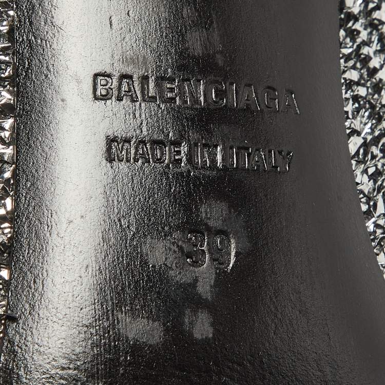 Pre Owned Balenciaga Silver Lurex Fabric Square Knife Mules Size 39