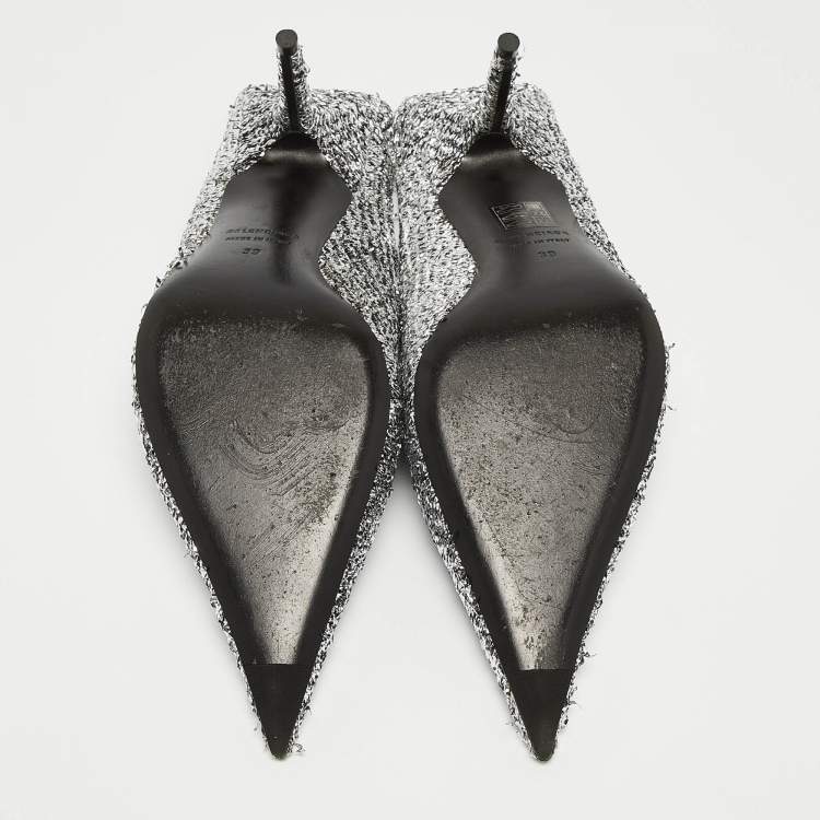 Pre Owned Balenciaga Silver Lurex Fabric Square Knife Mules Size 39