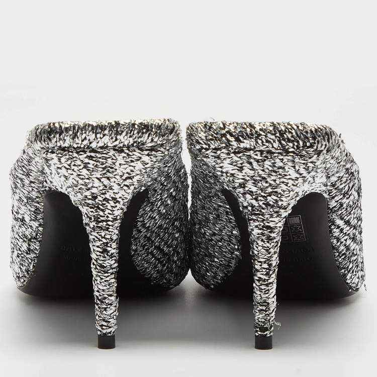 Pre Owned Balenciaga Silver Lurex Fabric Square Knife Mules Size 39