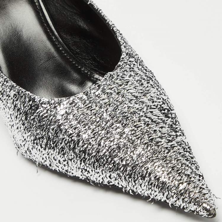 Pre Owned Balenciaga Silver Lurex Fabric Square Knife Mules Size 39
