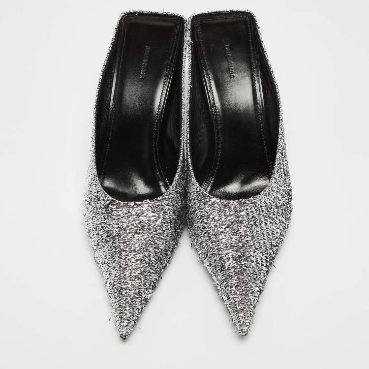 Pre Owned Balenciaga Silver Lurex Fabric Square Knife Mules Size 39