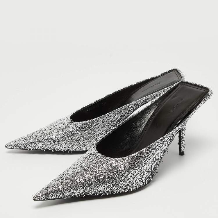 Pre Owned Balenciaga Silver Lurex Fabric Square Knife Mules Size 39