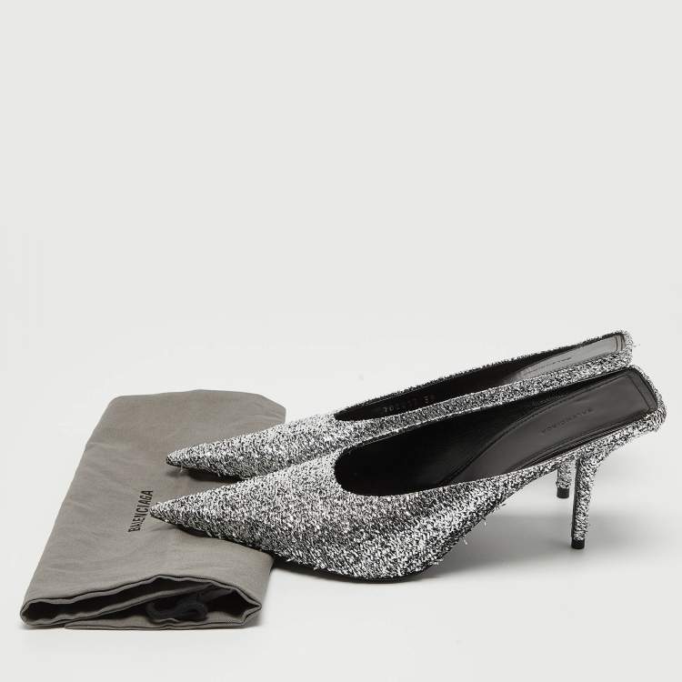 Pre Owned Balenciaga Silver Lurex Fabric Square Knife Mules Size 39