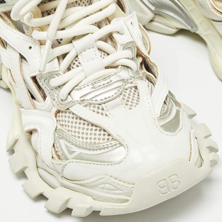 Pre Owned Balenciaga White/Grey Faux Leather and Mesh Track 2 Sneakers Size 39