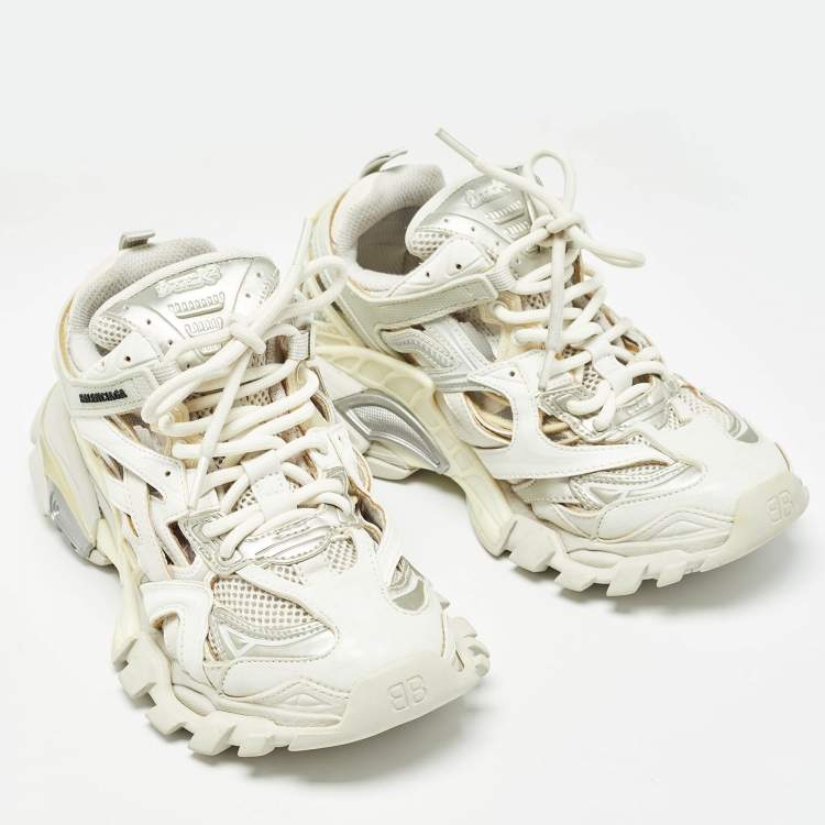 Pre Owned Balenciaga White/Grey Faux Leather and Mesh Track 2 Sneakers Size 39