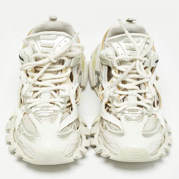 Pre Owned Balenciaga White/Grey Faux Leather and Mesh Track 2 Sneakers Size 39
