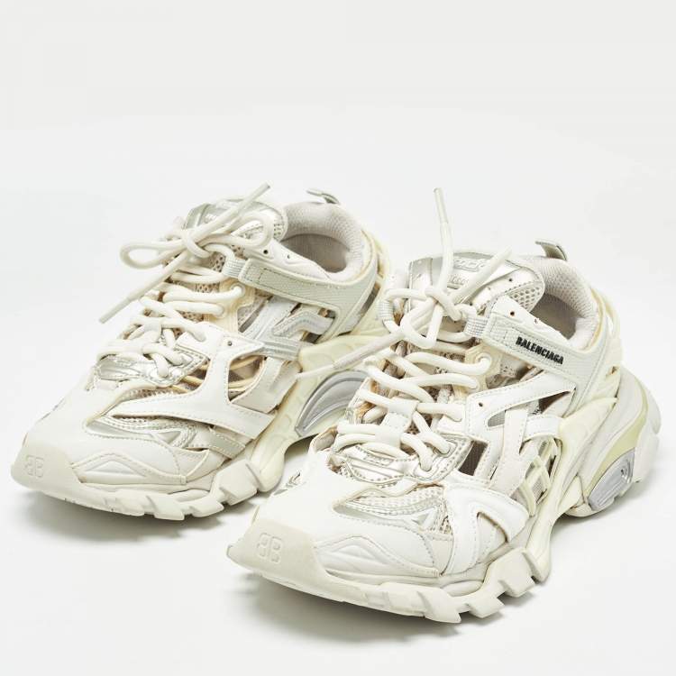 Pre Owned Balenciaga White/Grey Faux Leather and Mesh Track 2 Sneakers Size 39