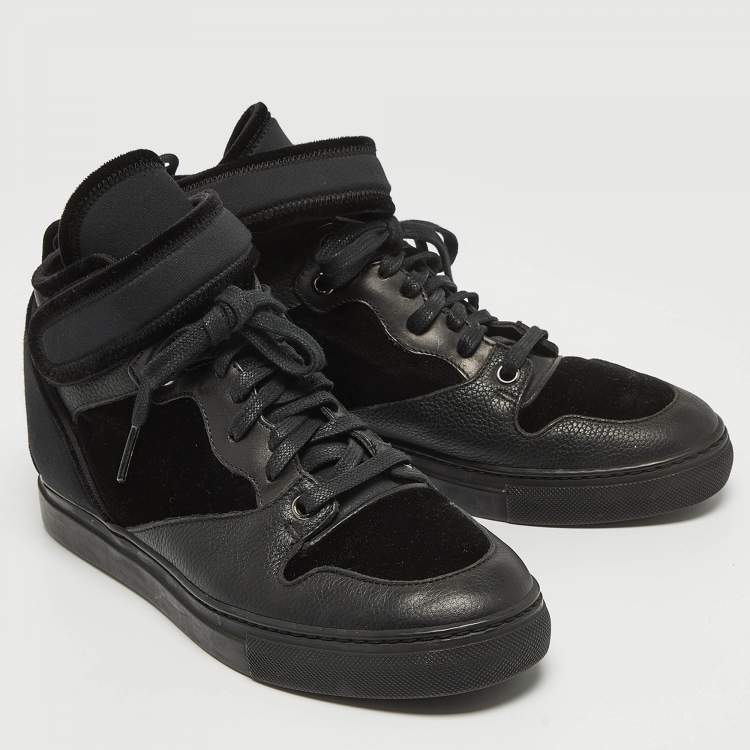 Pre Owned Balenciaga Black Velvet and Leather Velcro Strap High Top Sneakers Size 36