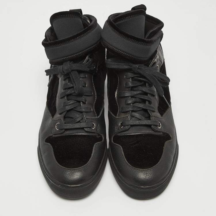 Pre Owned Balenciaga Black Velvet and Leather Velcro Strap High Top Sneakers Size 36