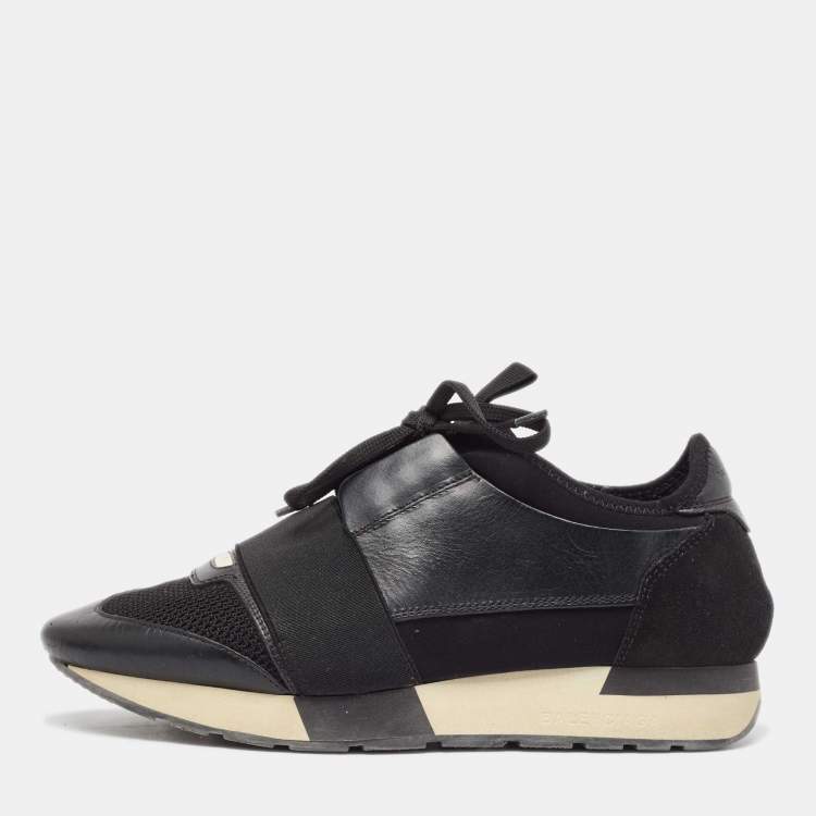 Pre Owned Balenciaga Black Leather Race Runner Sneakers Size 38