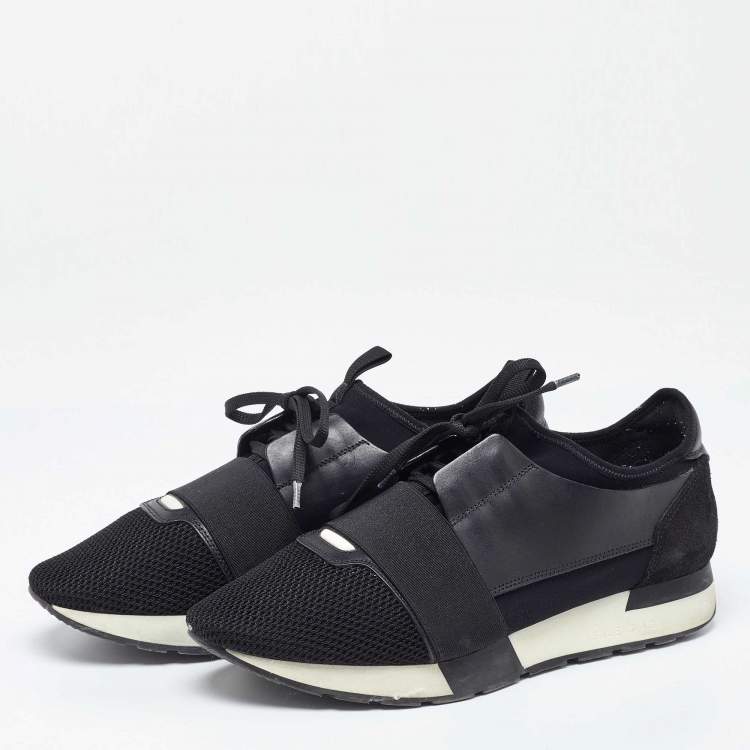 Pre Owned Balenciaga Black Mesh And Leather Race Runner Low Top Sneakers Size 41