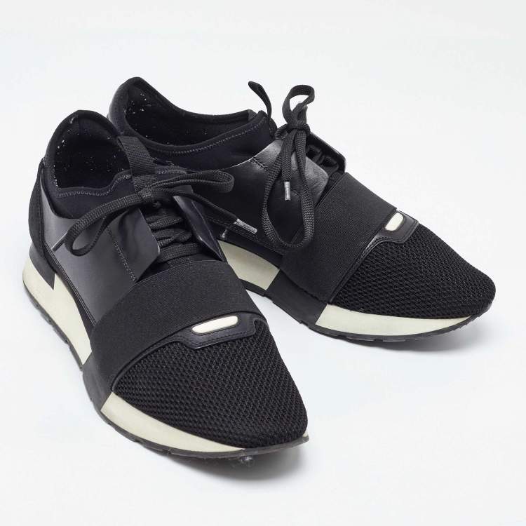 Pre Owned Balenciaga Black Mesh And Leather Race Runner Low Top Sneakers Size 41