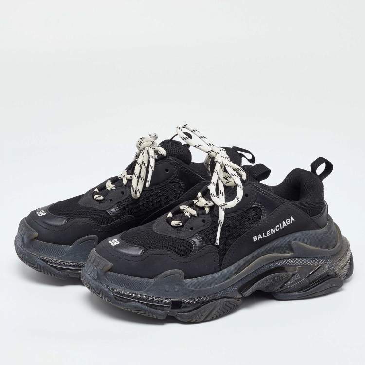 Pre Owned Balenciaga Black Faux Leather and Mesh Triple  Low Top Sneakers Size 38