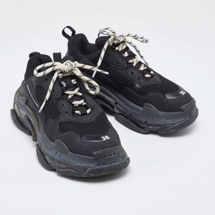 Pre Owned Balenciaga Black Faux Leather and Mesh Triple  Low Top Sneakers Size 38