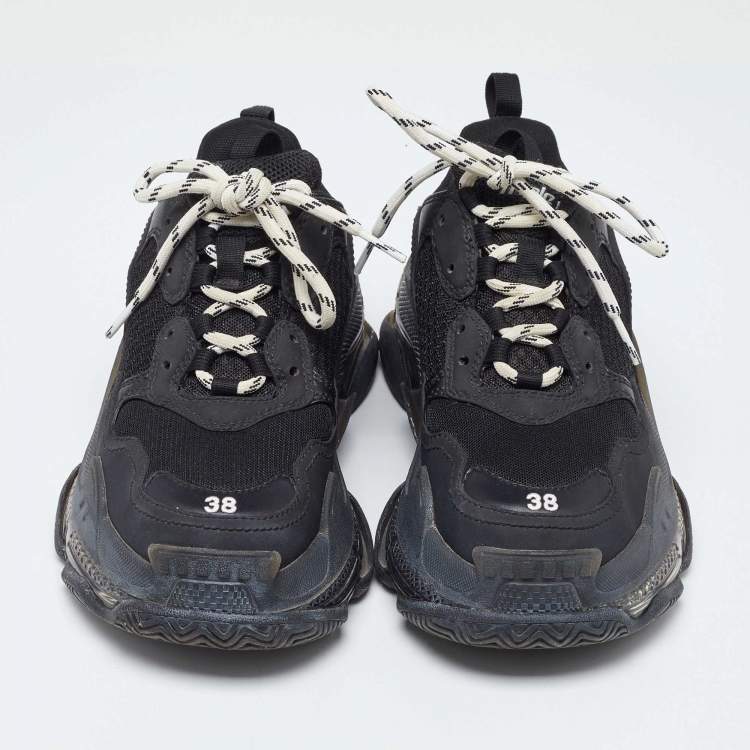 Pre Owned Balenciaga Black Faux Leather and Mesh Triple  Low Top Sneakers Size 38