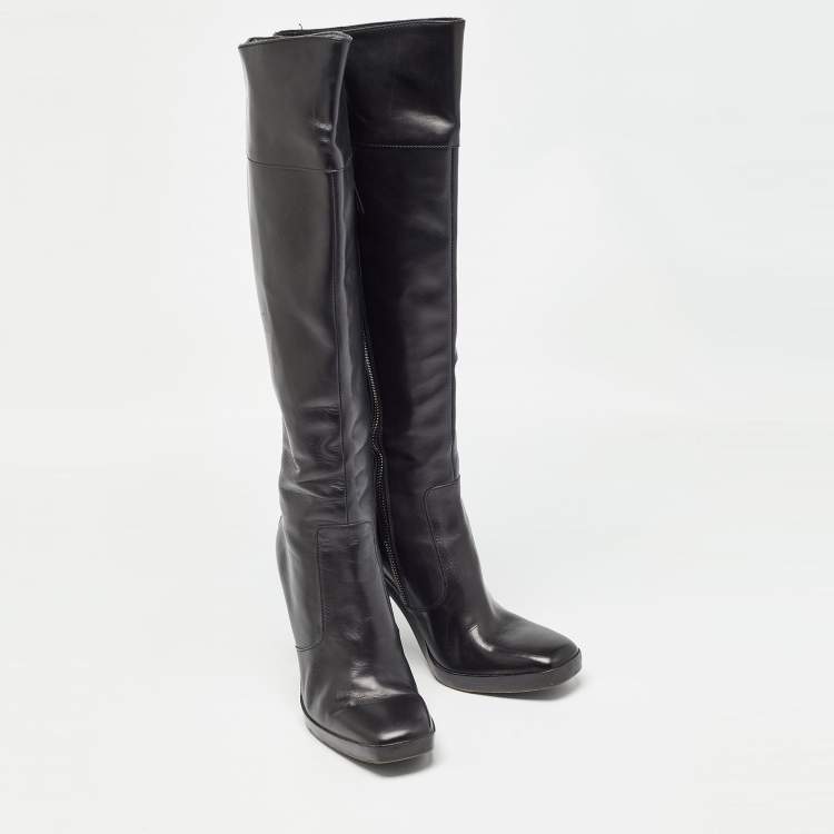Pre Owned Balenciaga Black Leather Knee Length Boots Size 37
