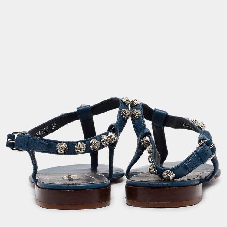 Pre Owned Balenciaga Navy Blue Leather Arena  Flats Size 38