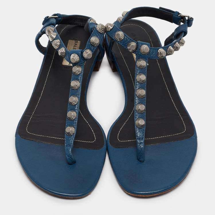 Pre Owned Balenciaga Navy Blue Leather Arena  Flats Size 38