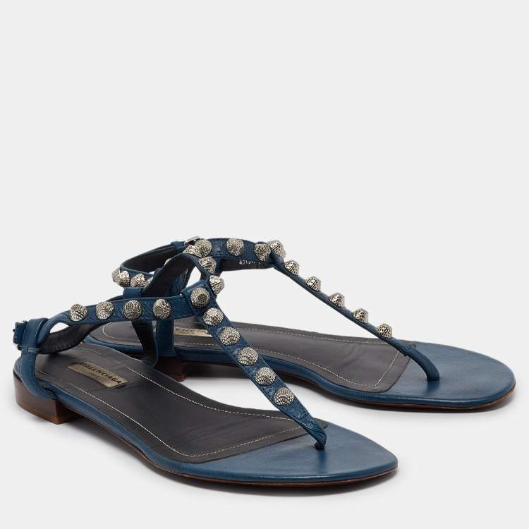 Pre Owned Balenciaga Navy Blue Leather Arena  Flats Size 38
