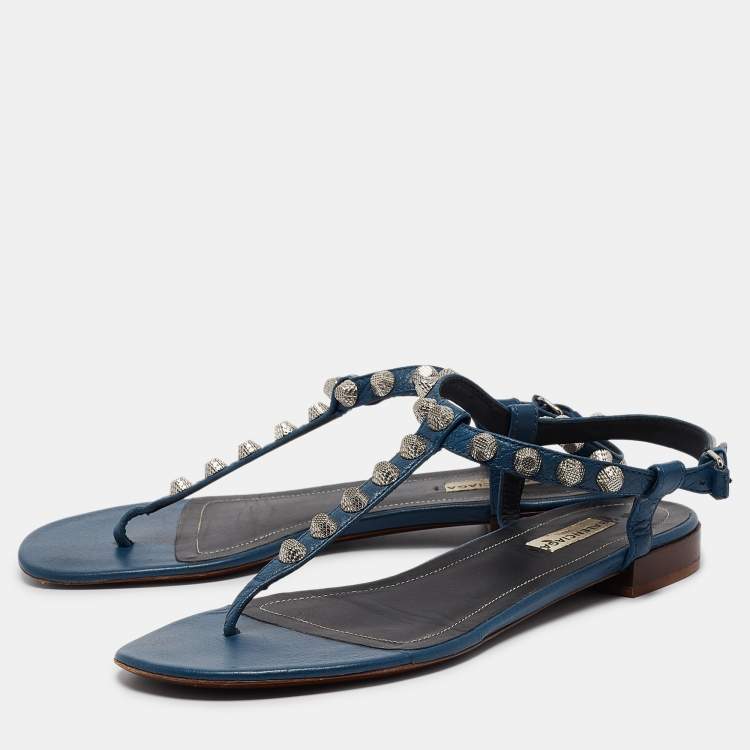 Pre Owned Balenciaga Navy Blue Leather Arena  Flats Size 38
