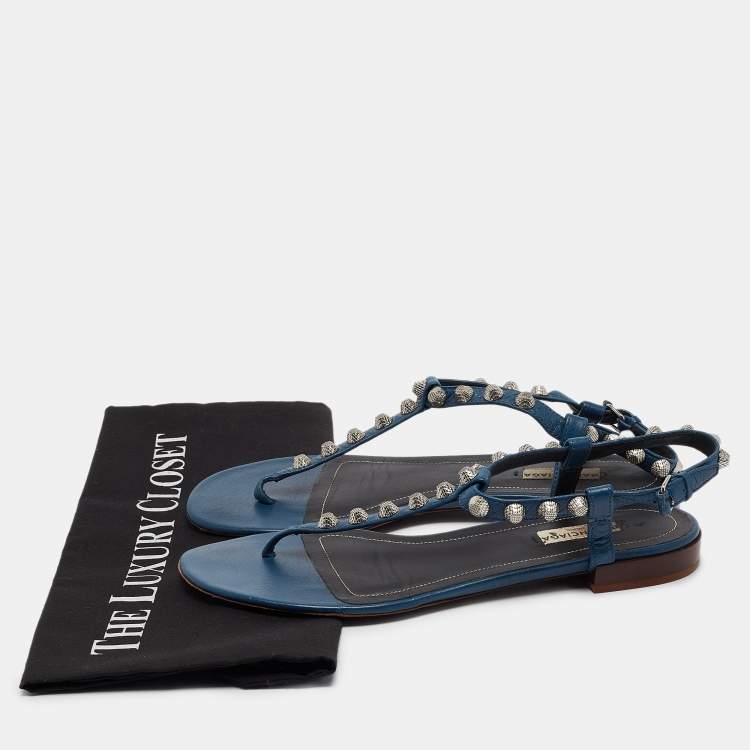 Pre Owned Balenciaga Navy Blue Leather Arena  Flats Size 38