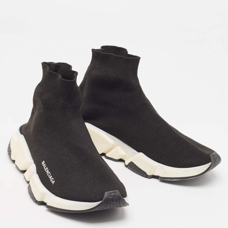 Pre Owned Balenciaga Black Knit Fabric Speed Trainer High Top Sneakers Size 39