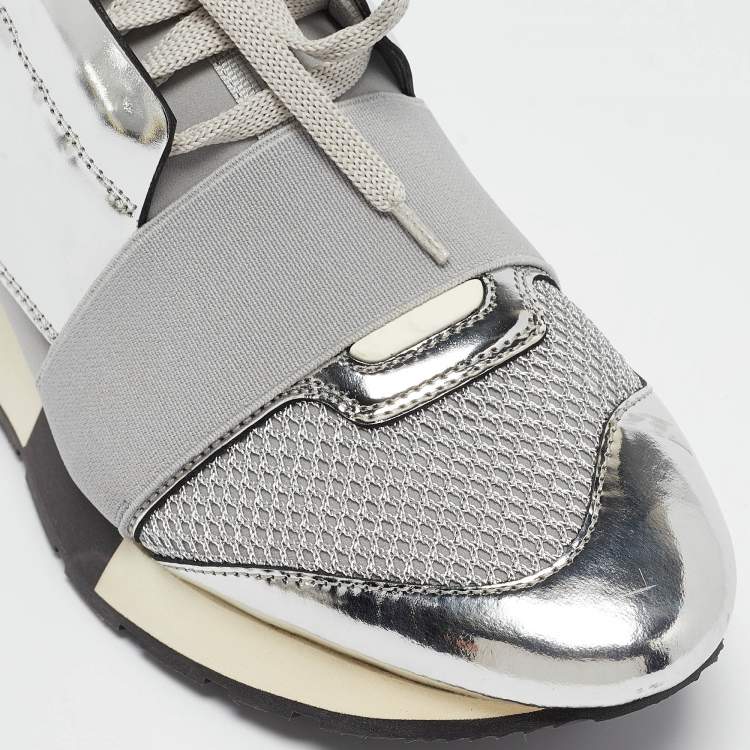 Pre Owned Balenciaga Silver Leather and Fabric  Race Runner Sneakers Size 40