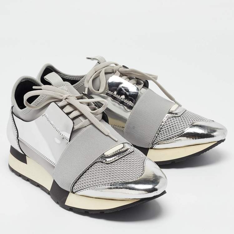 Pre Owned Balenciaga Silver Leather and Fabric  Race Runner Sneakers Size 40
