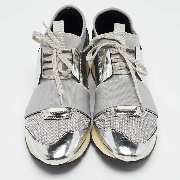 Pre Owned Balenciaga Silver Leather and Fabric  Race Runner Sneakers Size 40