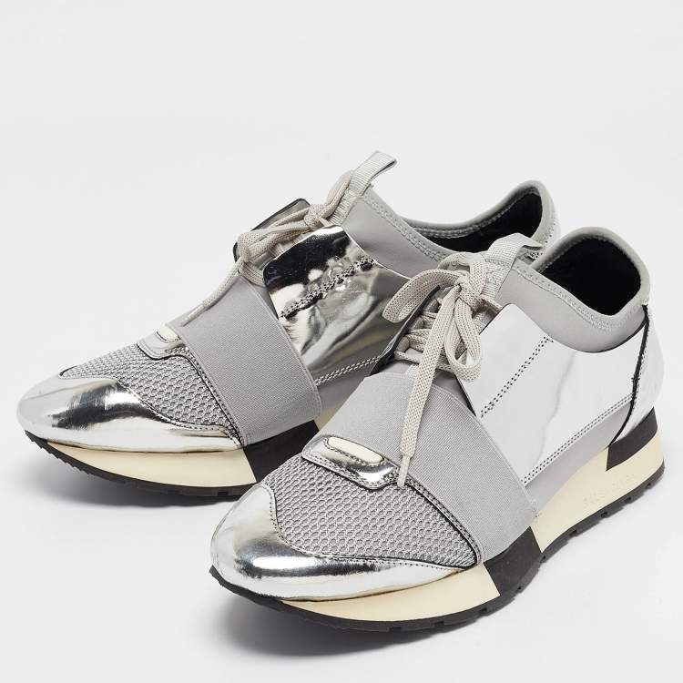 Pre Owned Balenciaga Silver Leather and Fabric  Race Runner Sneakers Size 40