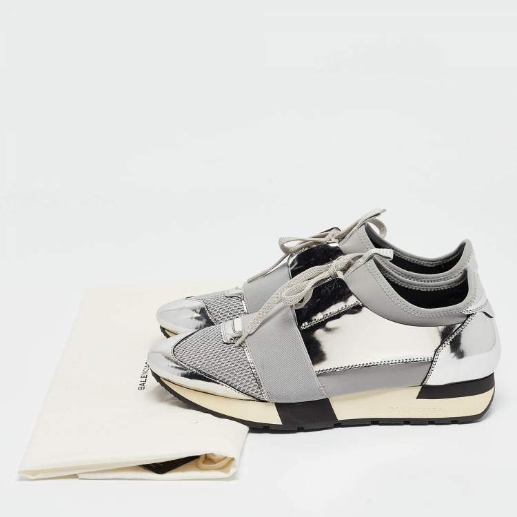Pre Owned Balenciaga Silver Leather and Fabric  Race Runner Sneakers Size 40
