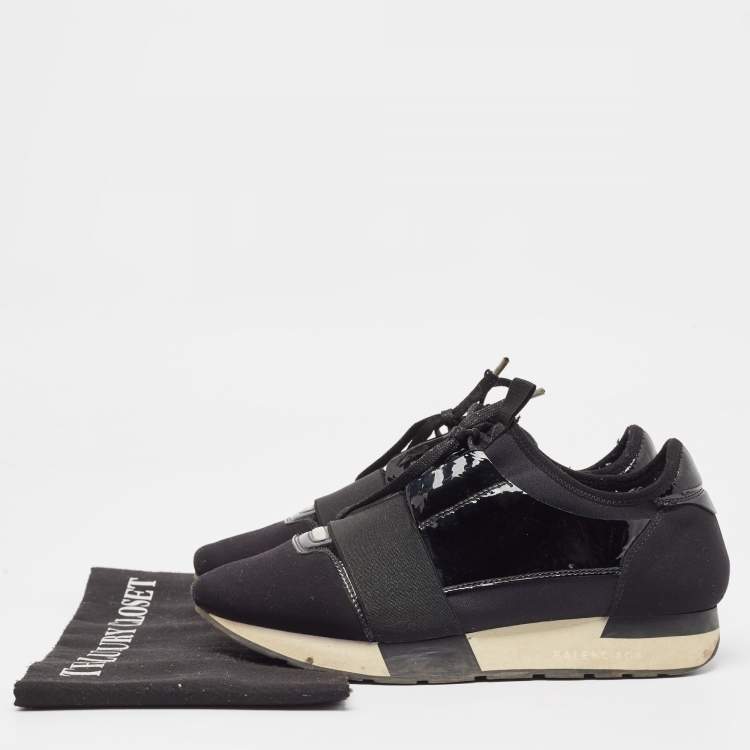 Pre Owned Balenciaga Black Patent Leather and Fabric Race Runner Low Top Sneakers Size 38