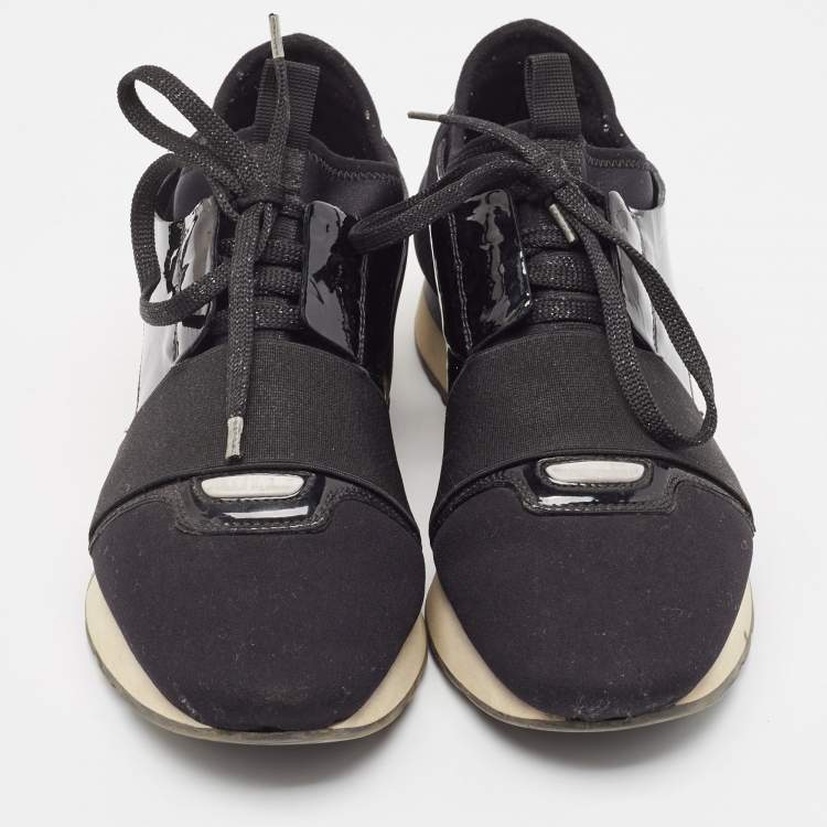 Pre Owned Balenciaga Black Patent Leather and Fabric Race Runner Low Top Sneakers Size 38