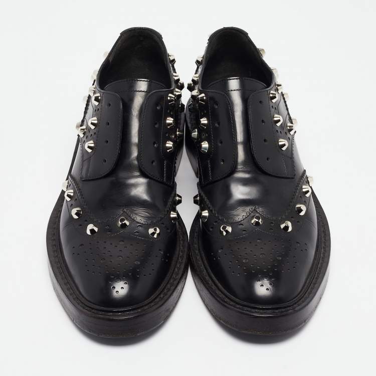 Pre Owned Balenciaga Black Leather Studded Lace Up Oxfords Size 37.5