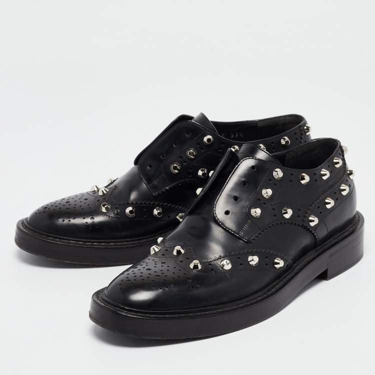 Pre Owned Balenciaga Black Leather Studded Lace Up Oxfords Size 37.5
