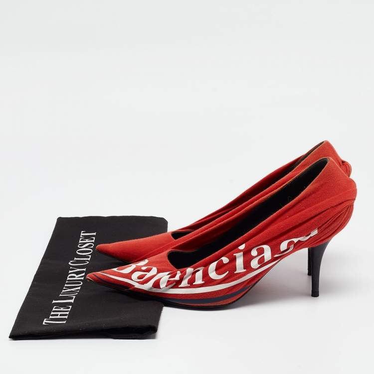 Pre Owned Balenciaga Red Pleated Fabric Logo Print Knife Pumps Size 38