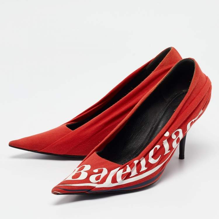 Pre Owned Balenciaga Red Pleated Fabric Logo Print Knife Pumps Size 38