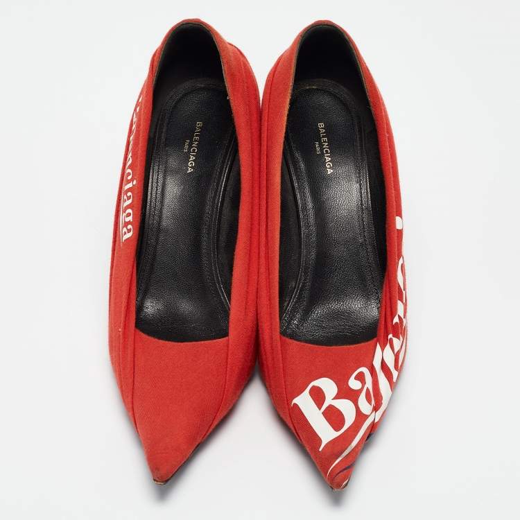 Pre Owned Balenciaga Red Pleated Fabric Logo Print Knife Pumps Size 38
